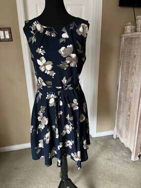 Navy Floral Midi Dress with Self-Tie Waist